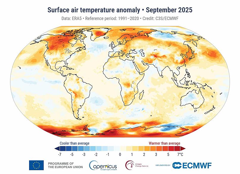 Surface temperatures in September 2025 relative to September average from 1991-2020