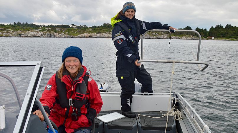 Molly Reamon and Johanna Marcussen map oysters along the Norwegian coast using an underwater video sled.