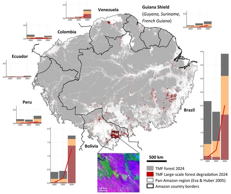 Pan-Amazon map showing newly detected large-scale forest degradation in 2024. Source: Bourgoin et al., 2025.