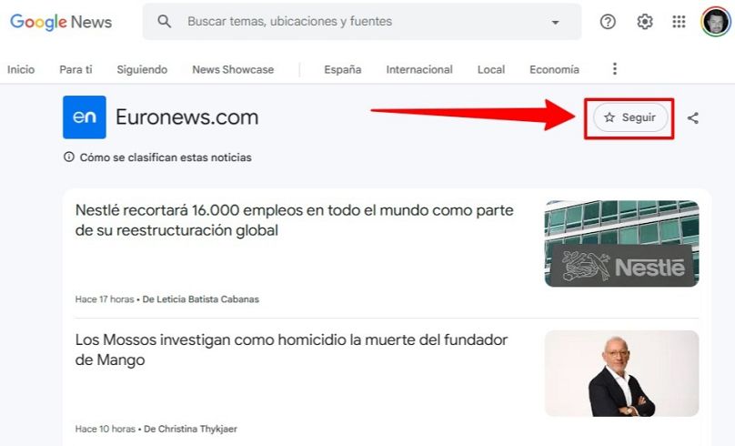 Tras visitar el perfil de 'Euronews', puedes darle al botón de Seguir.