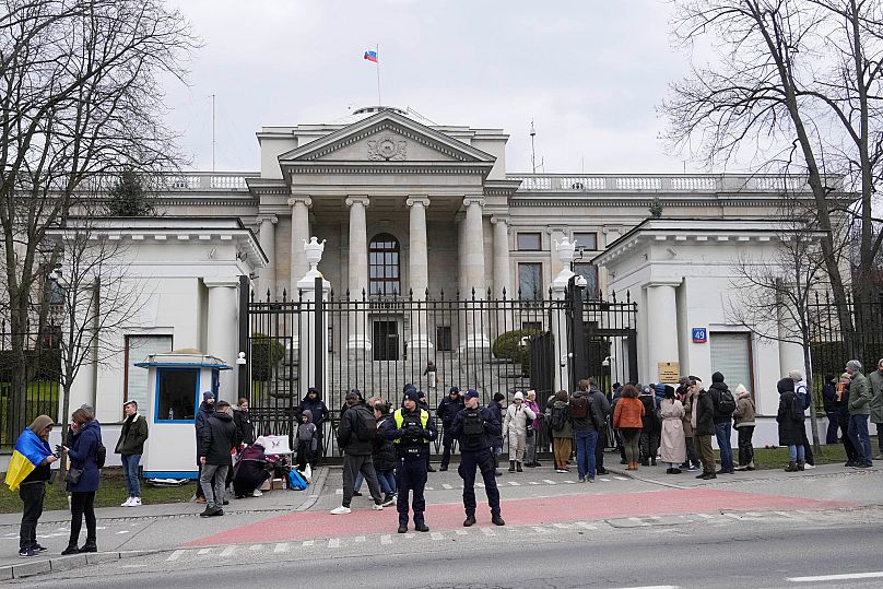 Russians queue to vote at the Russian Embassy in Warsaw, 17 March, 2024