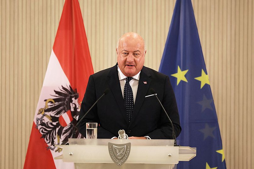Austria's Chancellor Christian Stocker speaks during a news conference in Nicosia, 22 August, 2025
