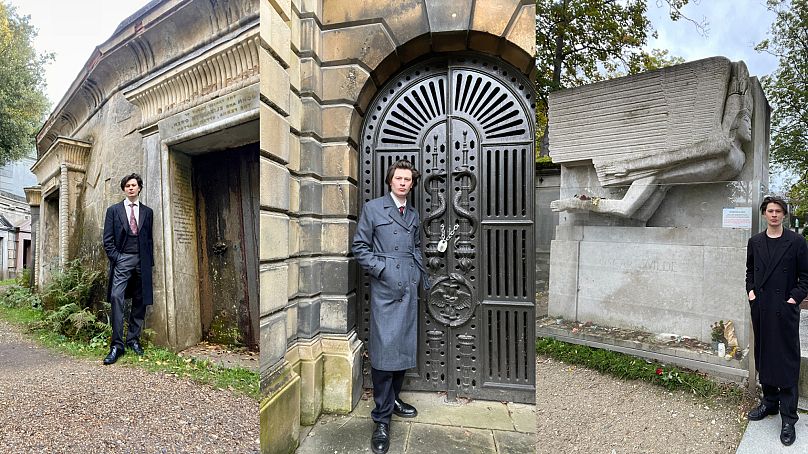Jono Namara at various graveyard locations across Europe, including next to Oscar Wilde's tombstone.