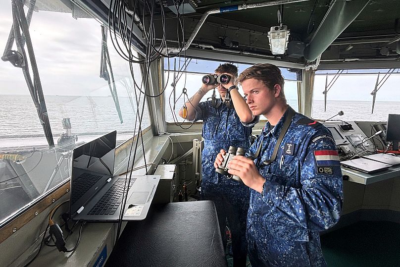 The bridge of the HNLMS Tromp, a Royal Netherlands Navy guided missile frigate, patrolling in the North Sea, 19 June, 2025