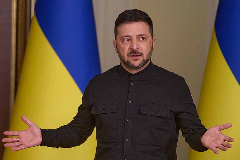 Ο Ουκρανός πρόεδρος Volodymyr Zelenskyy μιλάει κατά τη διάρκεια συνέντευξης Τύπου στο Κίεβο, 10 Οκτωβρίου 2025.
