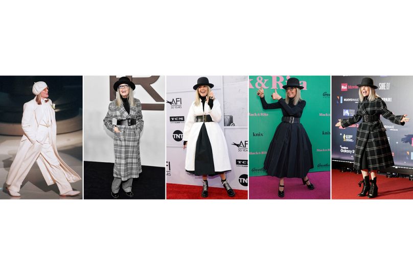 Cette combinaison d'images montre les tenues portées par Diane Keaton.