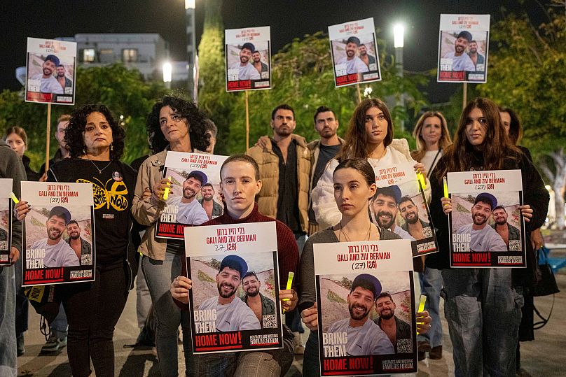 Supporters and the family members of twin brothers, Ziv and Gali Berman gathered in Tel Aviv, Israel to call for their release , Thursday, Dec. 26, 2024. 