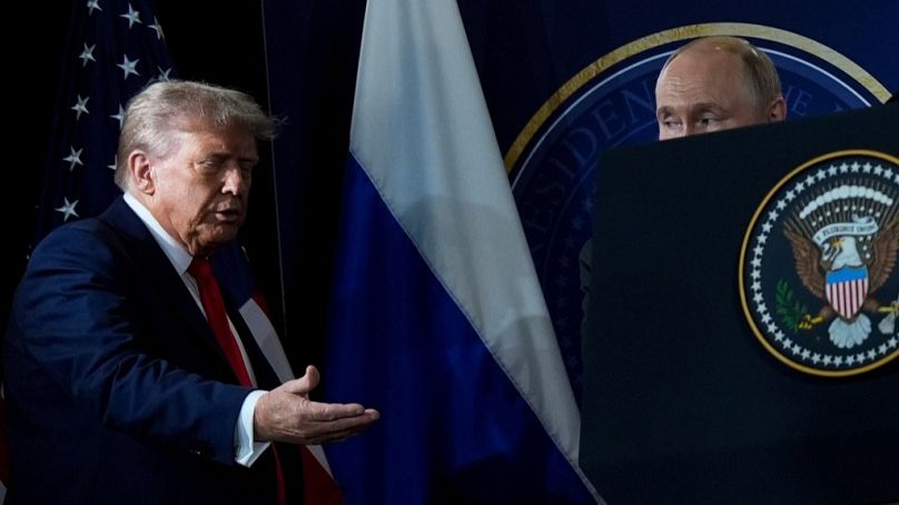 FILE: President Donald Trump and Russia's President Vladimir Putin arrive for a press conference at Joint Base Elmendorf- Richardson, Aug. 15, 2025, in Anchorage, Alaska.