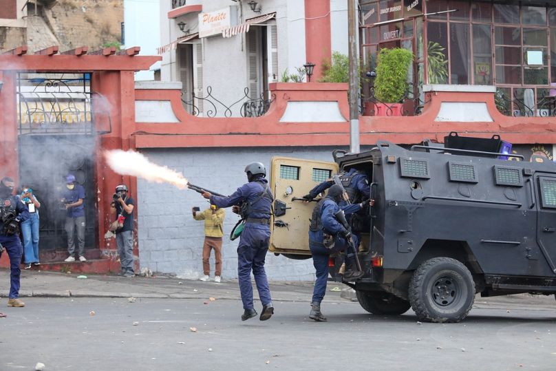 Madagascar police react to protesters demonstrating against chronic electricity and water cuts in Antananarivo, Madagascar, Tuesday, Sept. 30, 2025.