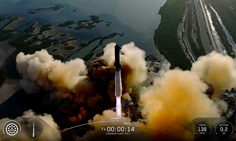This image made from video provided by SpaceX shows Starship's 11th flight test launching from Starbase, Texas, Monday, Oct. 13, 2025.