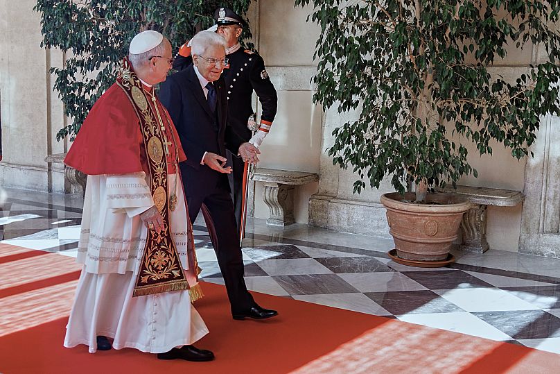 Italian President Sergio Mattarella welcomes Pope Leo XIV as he arrives at the Quirinal Presidential Palace in Rome, 14 October, 2025