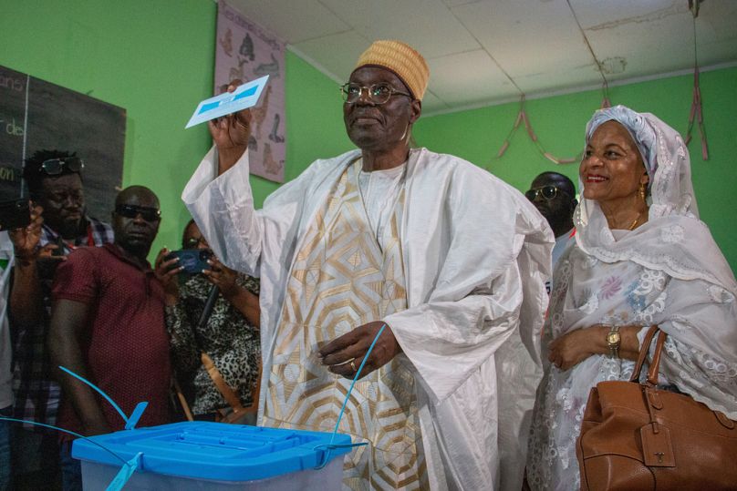 Presidential opposition candidate Issa Tchiroma casts his ballot at a polling station in Garoua, Cameroon, Sunday, Oct. 12, 2025