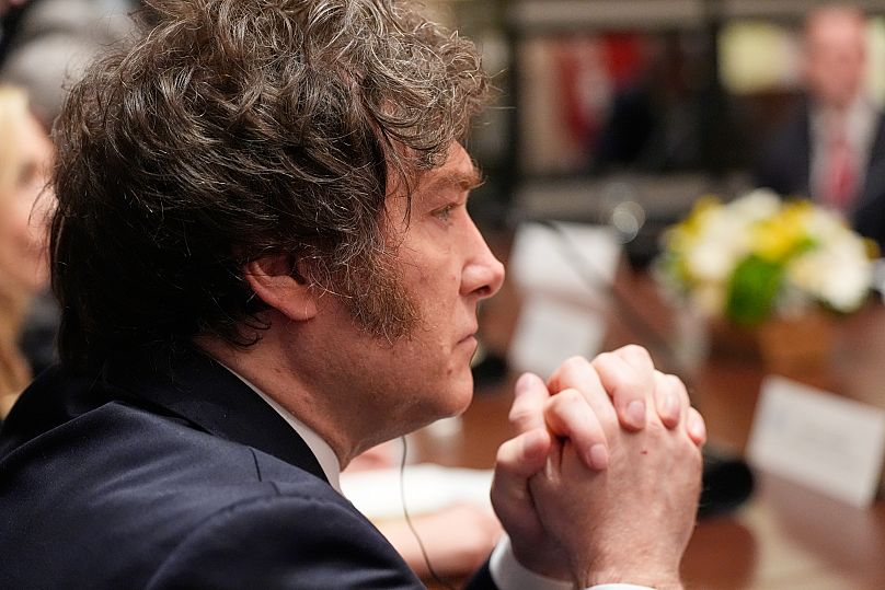 Prezydent Argentyny Javier Milei podczas spotkania z prezydentem Donaldem Trumpem w Białym Domu, 14 października 2025 r.