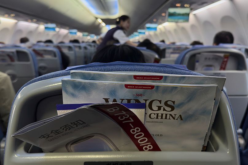 A safety instruction leaflet of an Air China plane at Hangzhou Xiaoshan International Airport in Hangzhou, 16 April, 2025