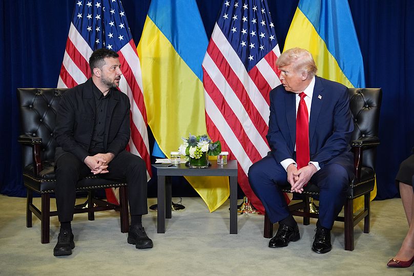 President Donald Trump meets with Ukrainian President Volodymyr Zelenskyy during the United Nations General Assembly, Tuesday, Sept. 23, 2025, in New York. 