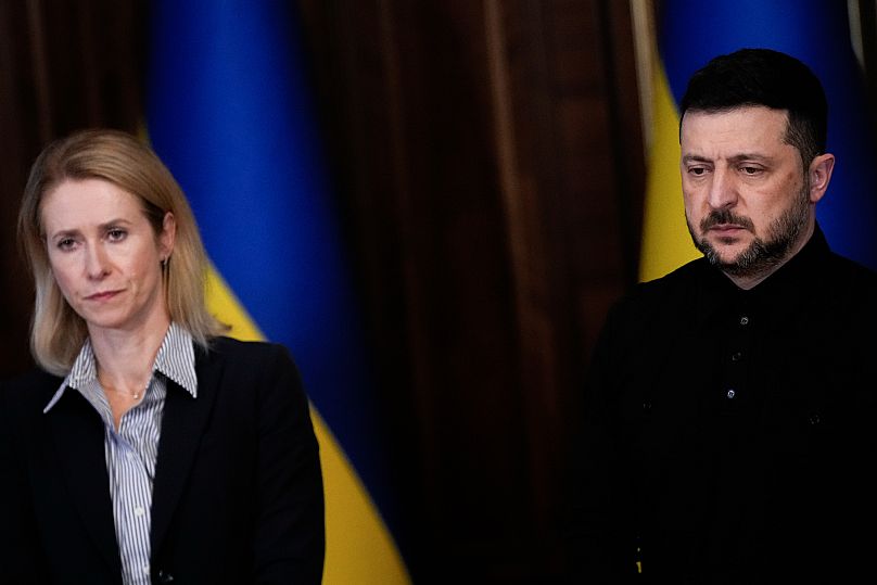 Ukraine's President Volodymyr Zelenskyy and EU foreign policy chief Kaja Kallas during a news conference in Kyiv, 13 October, 2025