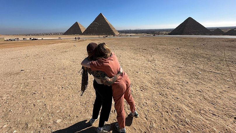 Marianne and her friend Emily at the Pyramids of Giza. 