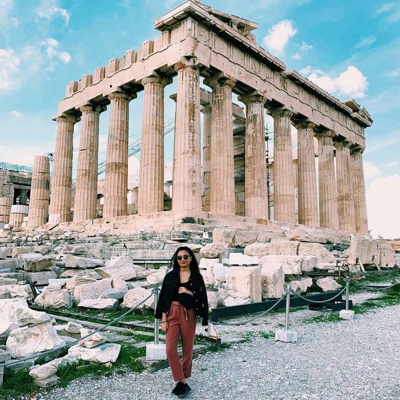 Phoebe in front of the Parthenon in Athens, Greece.