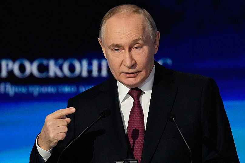 Russian President Vladimir Putin speaks during a plenary session of the Russian Energy Week forum in Moscow, 16 October, 2025