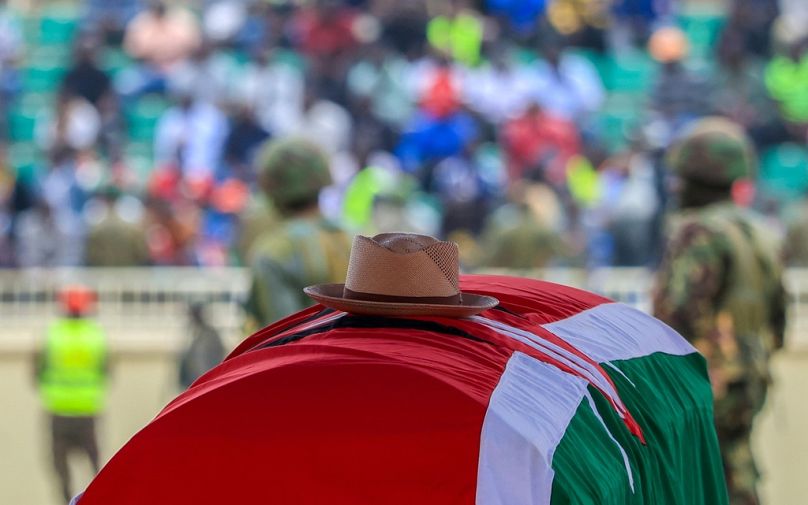 A cowboy hat that former Kenya Prime Minister Raila Odinga loved to wear lies on top of his coffin during his state funeral in Nairobi, Kenya, Friday, Oct. 17, 2025. 