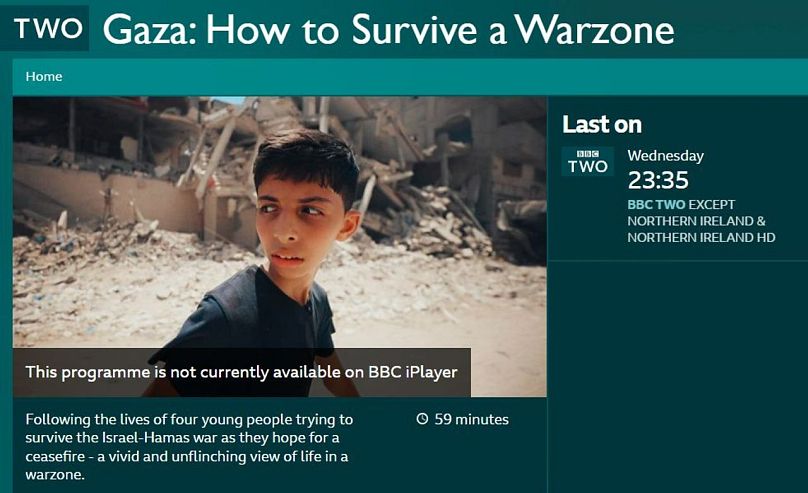 Captura de ecrã do iPlayer da BBC após a remoção do documentário "Gaza: How To Survive A Warzone"