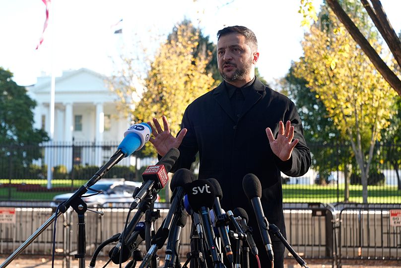 Ukraine's President Volodymyr Zelenskyy speaks to reporters in Lafayette Park across the street from the White House, following a meeting with President Donald Trump, Friday, 