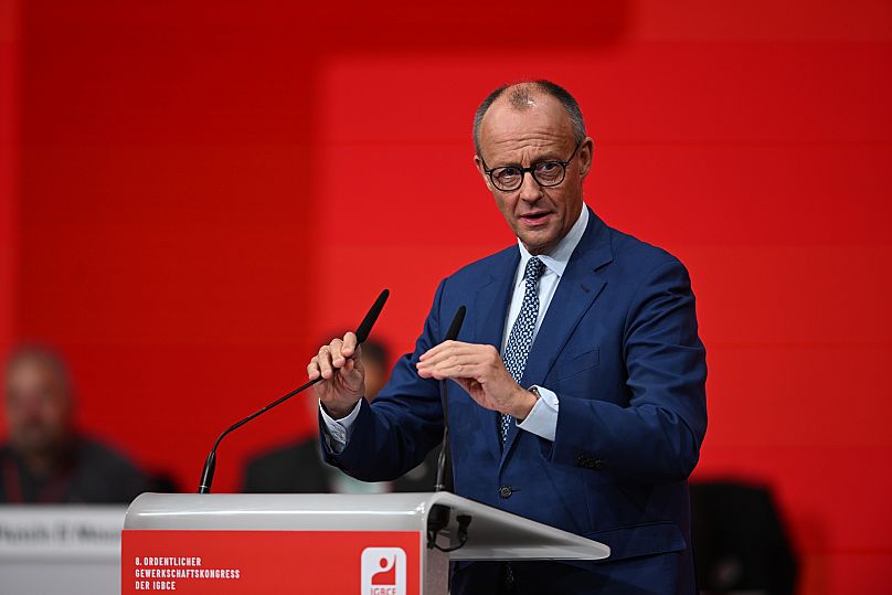 German Chancellor Friedrich Merz speaks at the congress of the German Mining, Chemical and Energy Industrial Union in Hanover, 20 October, 2025