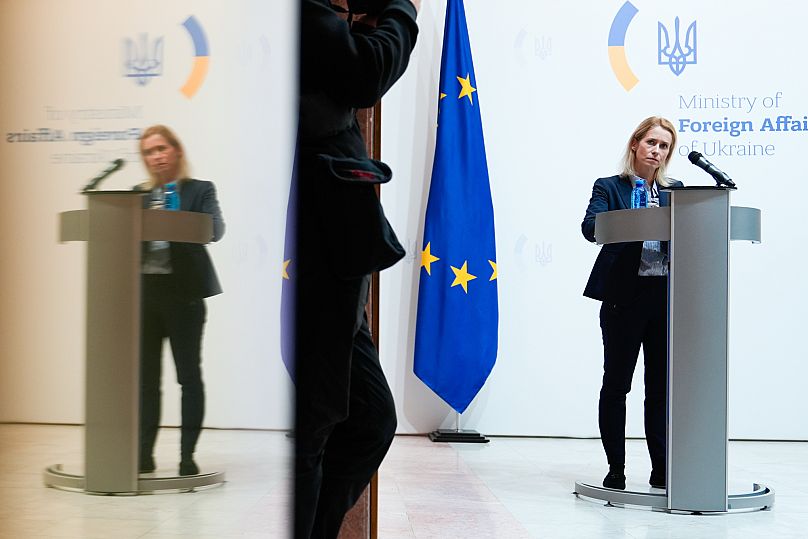 Kaja Kallas speaks during a news conference in Kyiv, 13 October, 2025