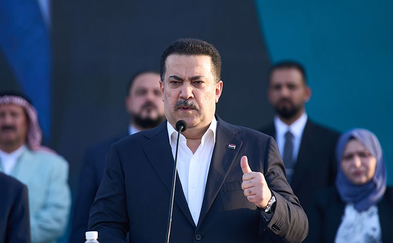 Iraqi Prime Minister Mohammed Shia al-Sudani speaks at his political block campaign rally before the parliamentary elections in Mosul, 18 October, 2025