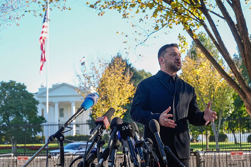 Ukraine's President Volodymyr Zelenskyy speaks to reporters in Lafayette Park across the street from the White House, 17 October, 2025
