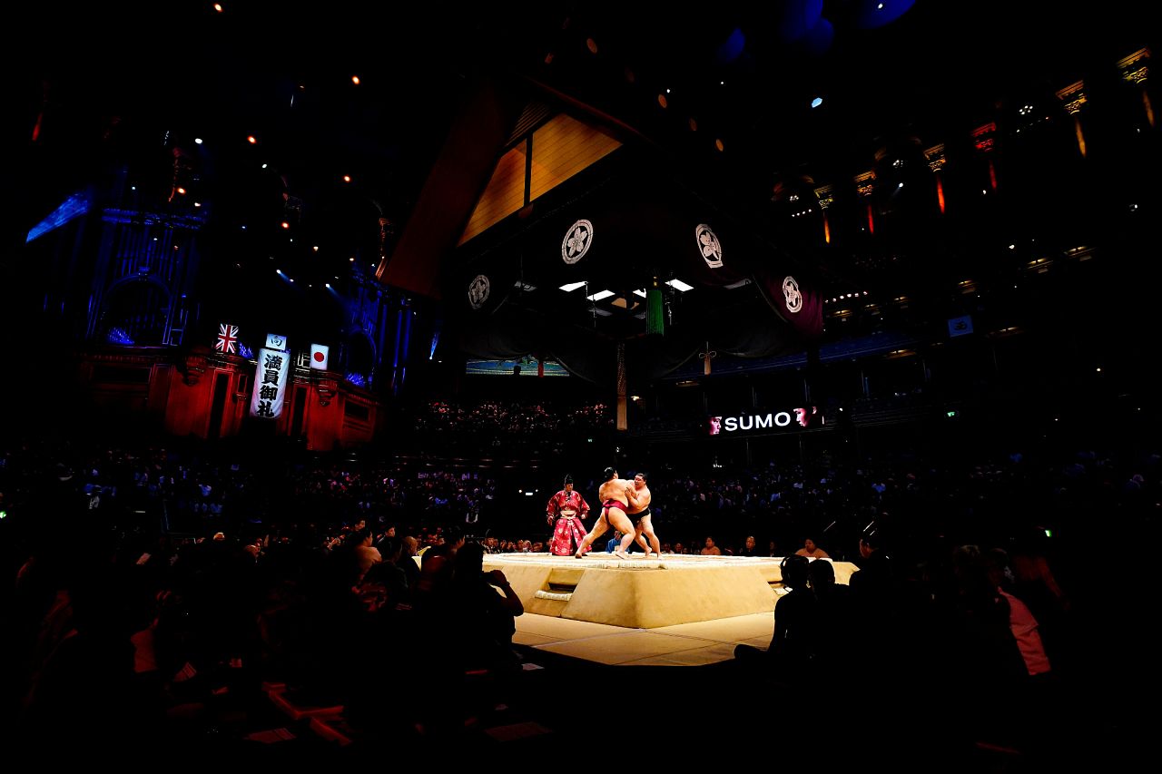 Shodai battles with Daieisho in the Makuuchi Division bout on day four of the Grand Sumo Tournament at the Royal Albert Hall in London. 
