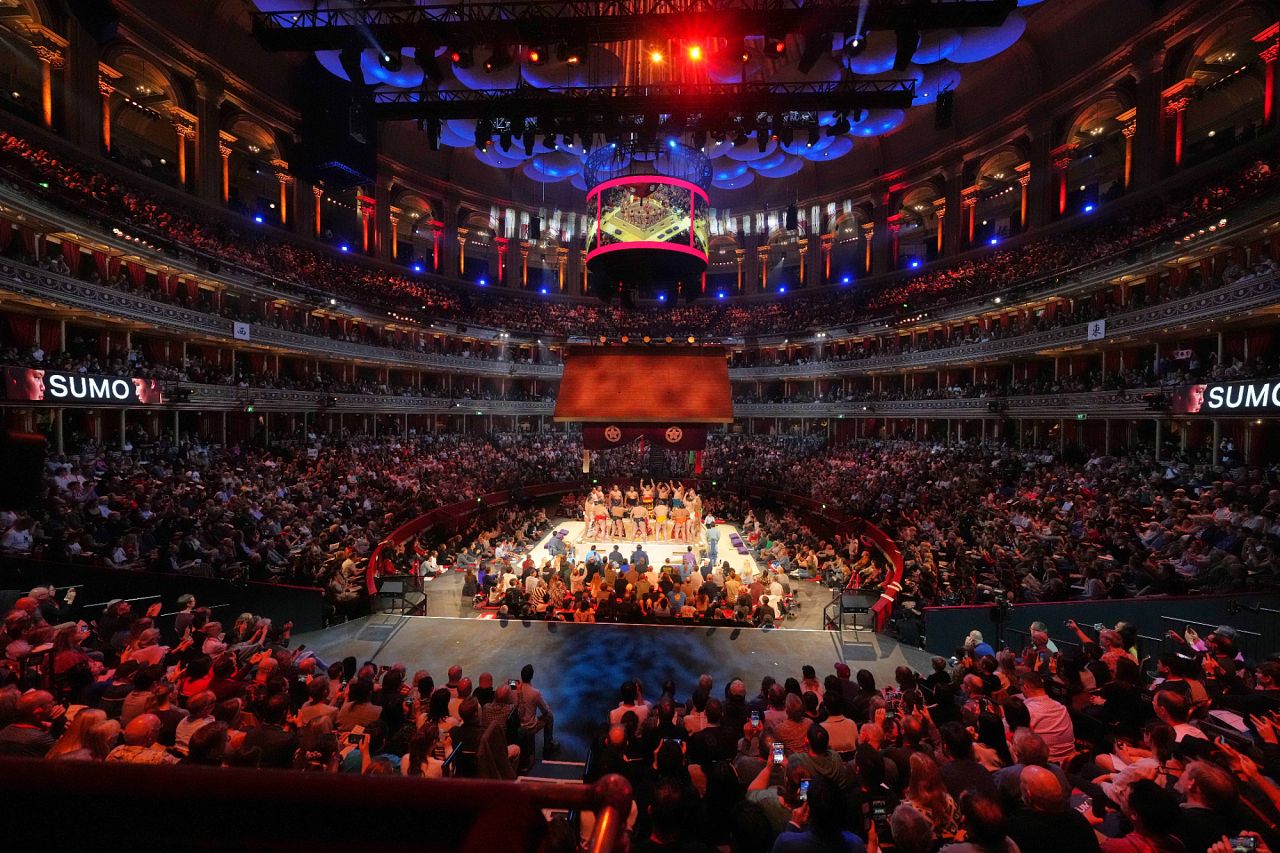 The opening ceremony ahead of the Grand Sumo Tournament on the dohyo, the sacred sumo wrestling ring, at the Royal Albert Hall in London, 19 October 2025.