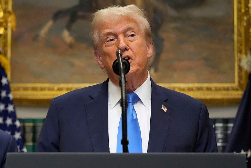 President Donald Trump speaks in the Roosevelt Room of the White House, Monday, 22 September 2025, in Washington. 