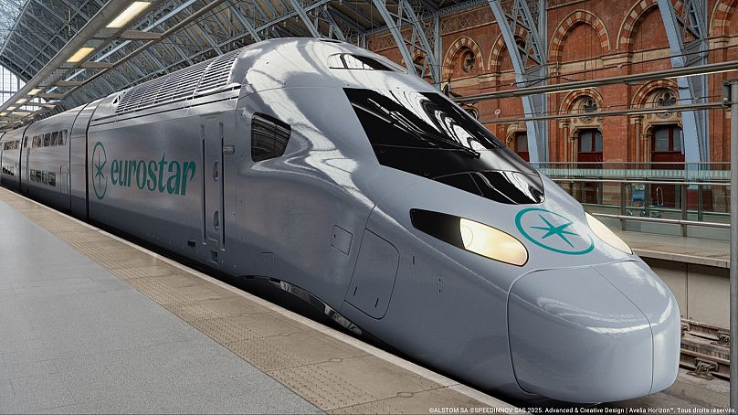 Eurostar Celestia train arriving in London St Pancras. CGI picture. 