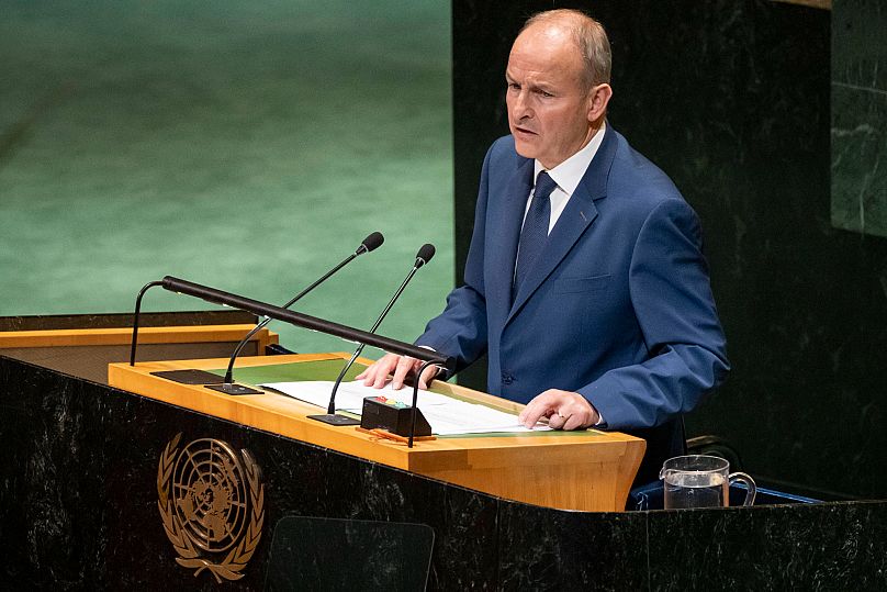 Le Taoiseach irlandais Micheál Martin s'exprime aux Nations Unies, le lundi 22 septembre 2025, au siège de l'ONU, à New York, aux États-Unis