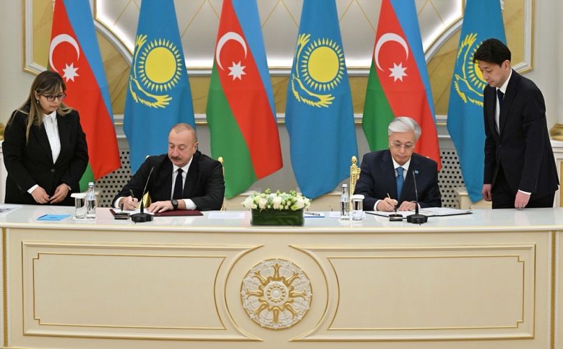 Ilham Aliyev and Kassym-Jomart Tokayev sign agreements in Astana