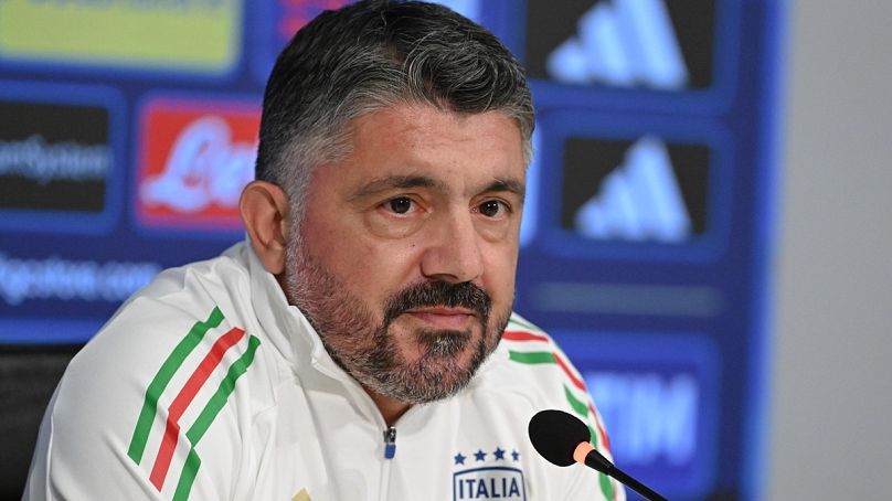 Gennaro Gattuso olasz szövetségi kapitány a 2026-os futball vb selejtezőire készülö olasz keretet bemutató sajtóértekezleten Covercianóban 2025. szeptember 1-jén