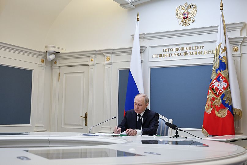 Russia President Vladimir Putin conducts a strategic nuclear forces exercise via videoconference from the Presidential Situation Centre at the Kremlin in Moscow, on 22 Oct. 25