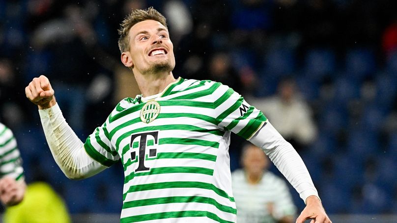 Kristoffer Zachariassen a gólját ünnepli az RB Salzburg - FTC labdarúgó Európa-liga mérkőzésen a salzburgi Red Bull Arénában 2025. október 23-án 