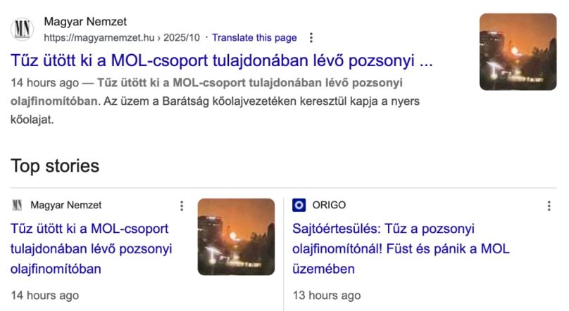 Kamu sajtóhírek a pozsonyi finomítóban bekövetkezett tűzről