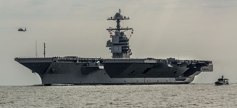 The aircraft carrier USS Gerald R. Ford heads to a naval station in Norfolk, 14 April, 2017 
