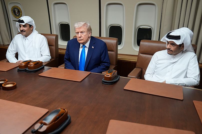 US President Donald Trump, Emir of Qatar Sheikh Tamim bin Hamad al-Thani and Qatar Prime Minister and Foreign Minister Sheikh Mohammed bin Abdulrahman bin Jassim Al Thani.