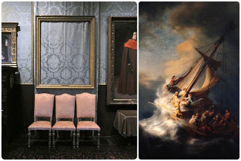 A kivágott keretből Rembrandt Krisztus a viharban a galileai tavon című festménye hiányzik
