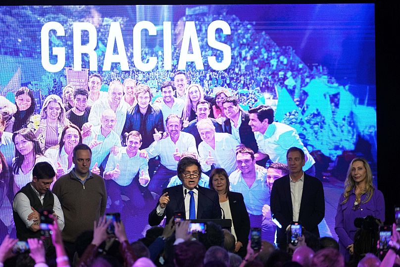 Argentina's President Javier Milei talks after winning in legislative midterm elections in Buenos Aires, Argentina, Sunday, Oct. 26, 2025. (AP Photo/Rodrigo Abd)