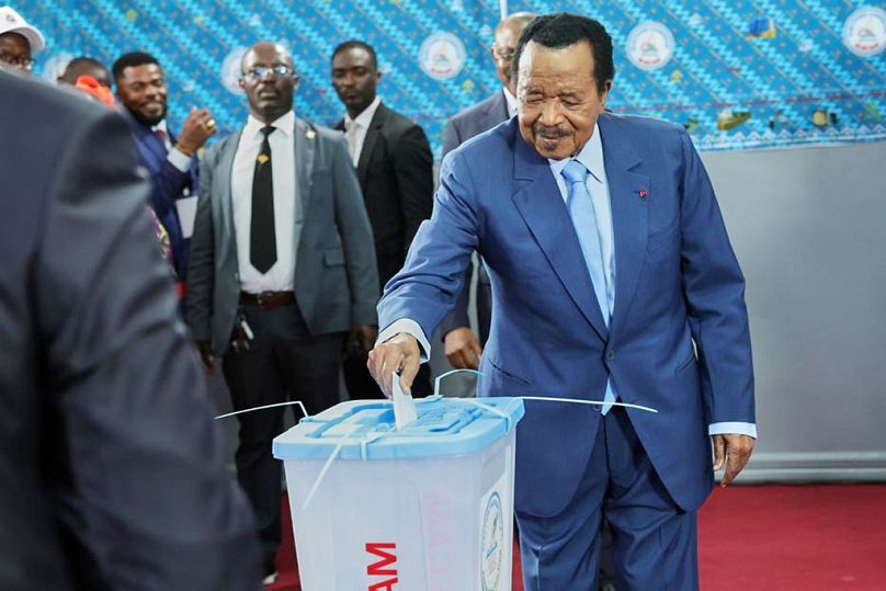President Paul Biya casts his ballot at the Government Bilingual primary school Bastos in Yaounde, Cameroon, Saturday, Oct. 12, 2025