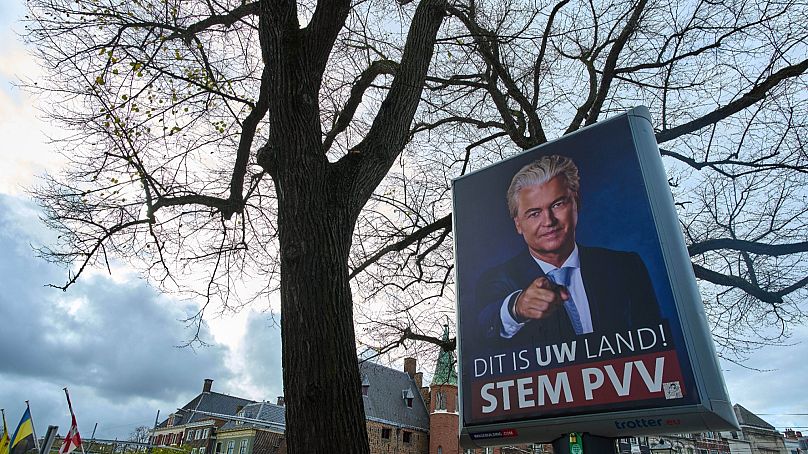 An election billboard for anti-islam lawmaker Geert Wilders' PVV party reading "This Is Your Land" is seen in The Hague, Netherlands, Wednesday, Oct. 22, 2025.