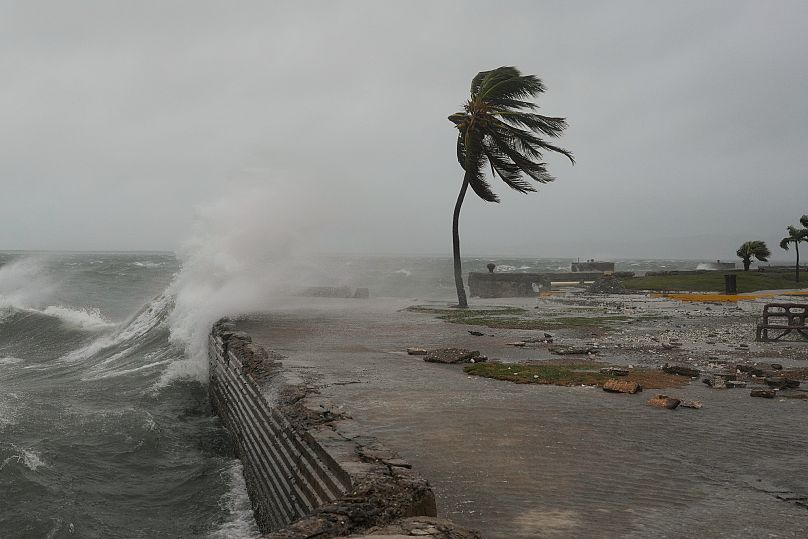 Waves splash in Kingston, Jamaica, as Hurricane Melissa approaches, Tuesday, Oct. 28,