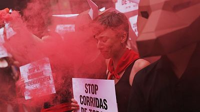 نشطاء يحتجون على مصارعة الثيران قبيل مهرجان سان فيرمين في إسبانيا