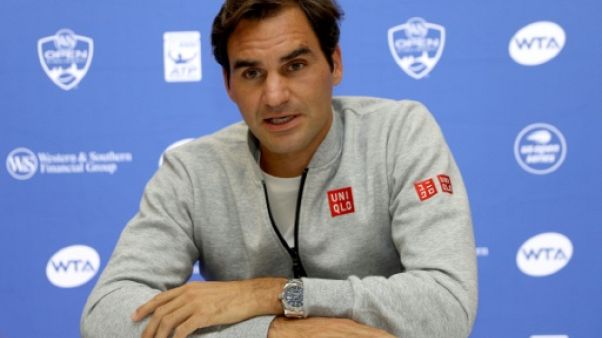 Roger Federer en conférence de presse le 13 août 2018 à Mason dans l'Ohio Roger Federer en conférence de presse le 13 août 2018 à Mason dans l'Ohio