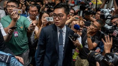 Andy Chan (c), chef de file du Parti national, le 14 août 2018 à Hong Kong